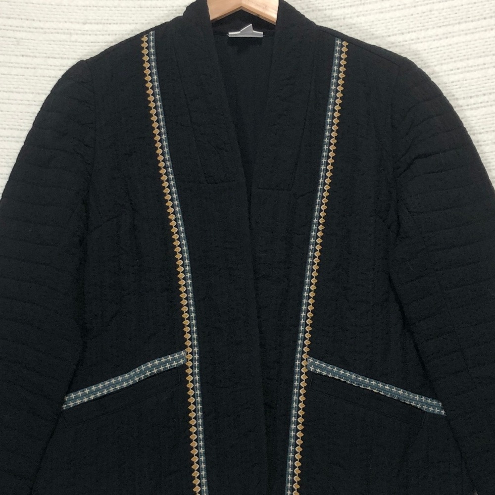 Pure Jill Elements Black Quilted Embroidered Open Front Jacket Small Boho Chic